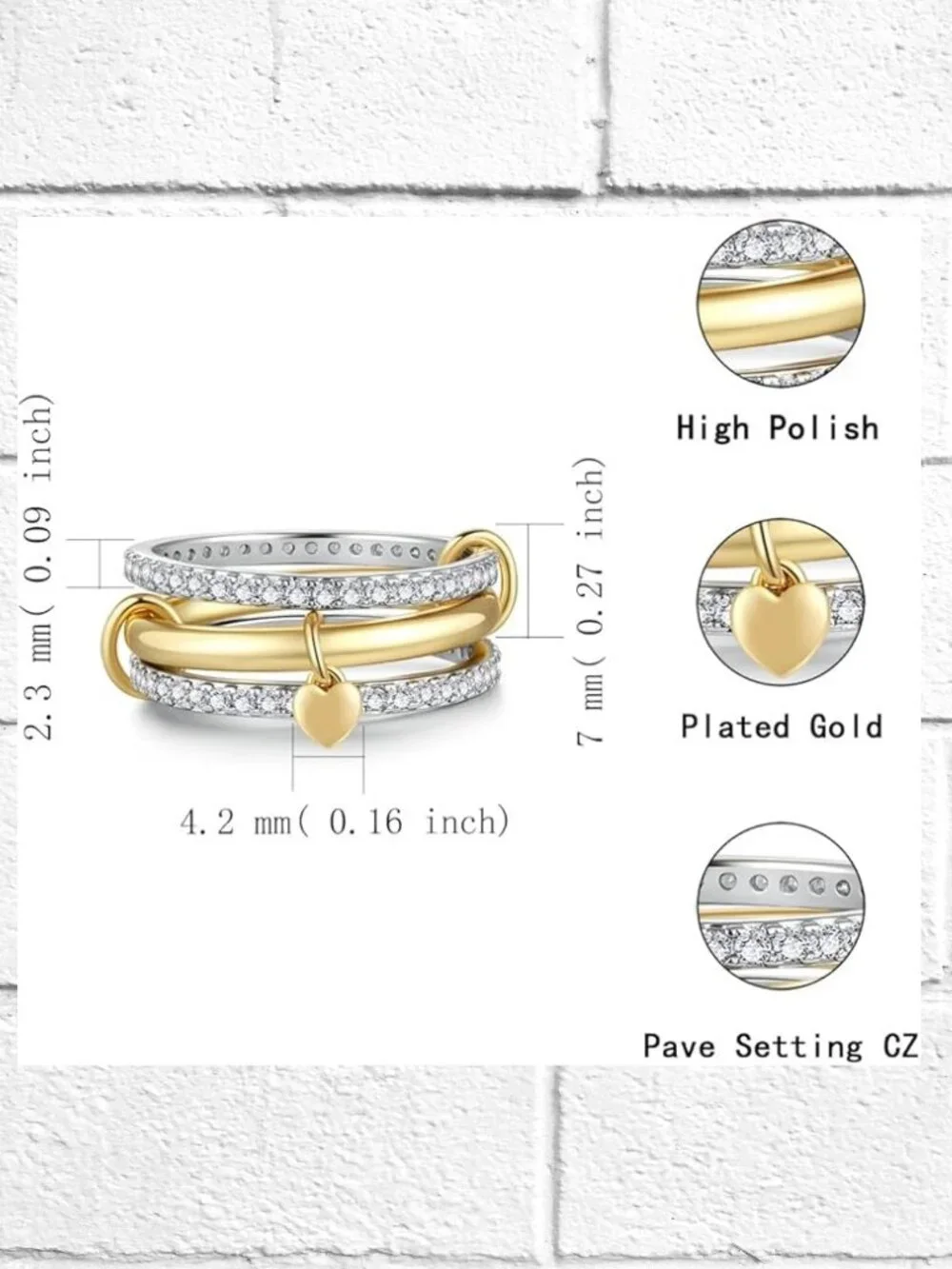 NWT! Sterling Silver Womens Stackable Rings with CZ's - 14K Gold-Plated - Size 7